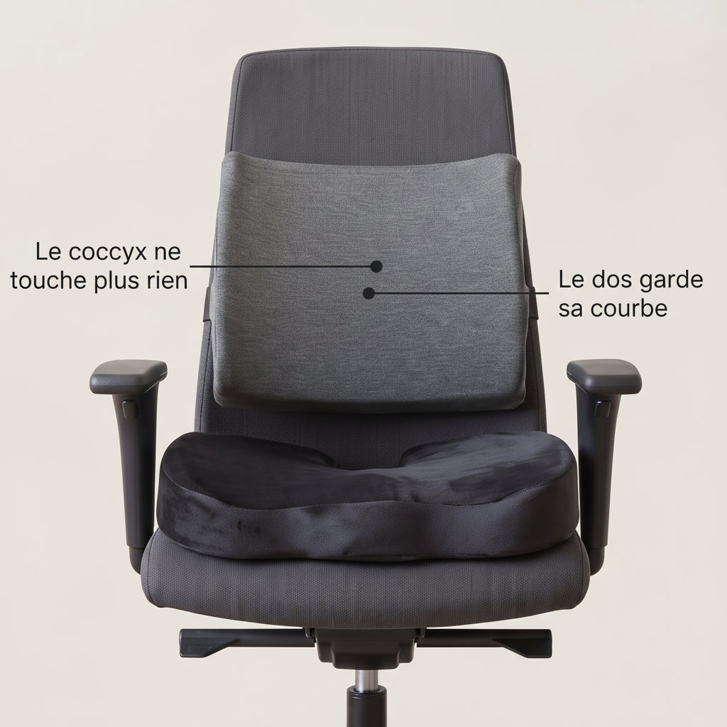 Coussin coccyx et coussin lombaire installés sur une chaise de bureau