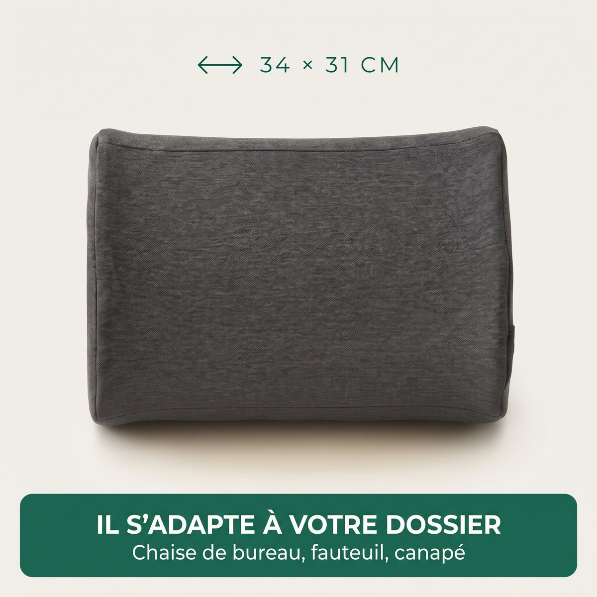 Coussin lombaire vu de face, format 34 x 31 cm