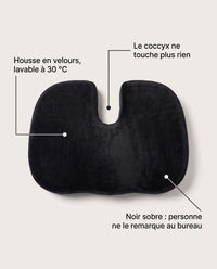 Coussin coccyx vu du dessus, découpe arrière en U et housse en velours noir
